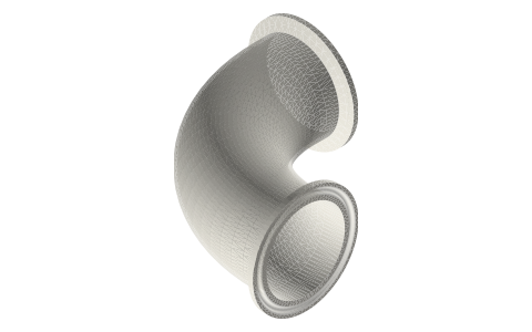 Sanitary clamp elbows, 90° and 45°, ½ to 4 in (tri-clamp style, BPE), isometric render of a generated part