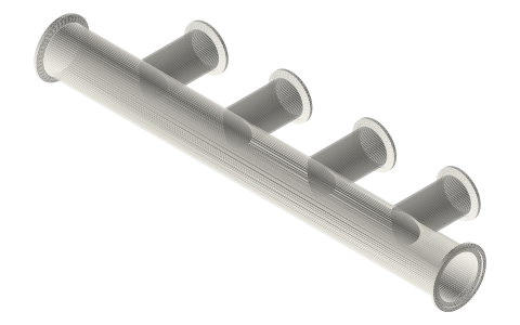 Sanitary clamp header manifolds: 1½, 2 and 3 in headers with 3 to 5 outlets (tri-clamp style), isometric render of a generated part