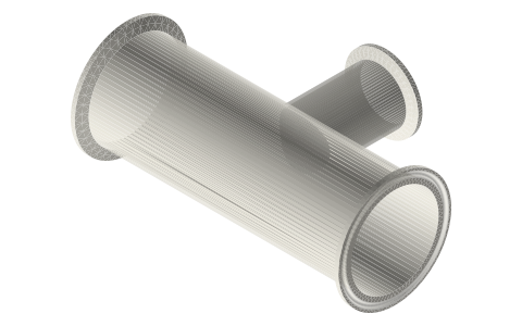 Sanitary clamp reducing tees (7RMP style), ¾ to 6 in run, isometric render of a generated part