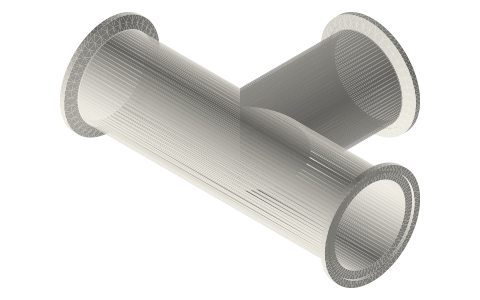Sanitary clamp tees, short-outlet tees and crosses, ½ to 4 in (tri-clamp style, BPE), isometric render of a generated part