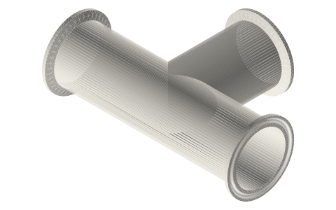 Sanitary clamp tees and short-outlet tees (7MP, 7MPS): ½ to 4 in, isometric render of a generated part