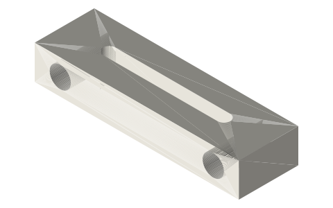 Scotch-yoke crosshead 48 × 14 × 8, 3 mm slot, two Ø5 guide bores, isometric render of a generated part