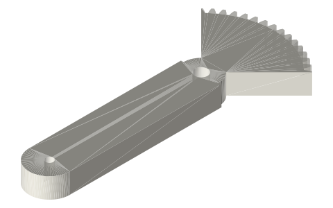 90° toothed sector (module 1, 60 T) with a 60 mm arm and Ø3 pin hole, Ø5 bore, isometric render of a generated part
