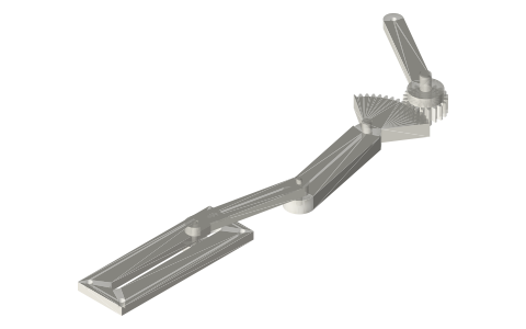 Hand crank, pinion and toothed sector pressing through a connecting rod, isometric render of a generated part