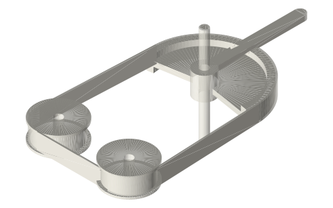 Rocking segment and band turning two pulleys to and fro, isometric render of a generated part