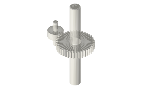 Single-tooth pinion driving a 40-tooth wheel (one tooth per turn), isometric render of a generated part