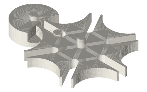 One tooth turning a notched wheel one notch per turn, locked between (Geneva principle), isometric render of a generated part