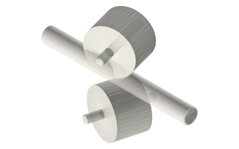 Rod fed between two skewed rollers (screw-like feed), isometric render of a generated part