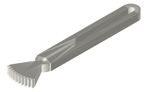 Slotted arm with a 60° toothed sector (module 1, 60 T), Ø5 bore, isometric render of a generated part