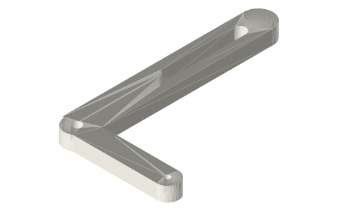Slotted bell crank: 100 mm arm with a 6.4 slot (50–90 mm) and a 50 mm arm at 90°, Ø5 bore, isometric render of a generated part