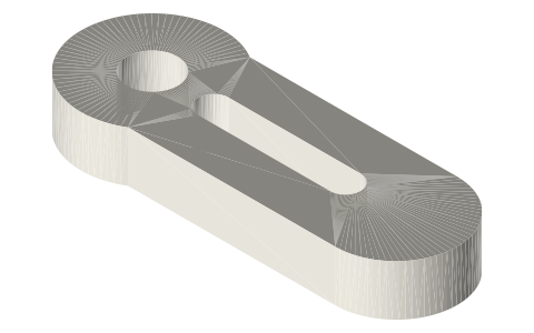 Slotted crank arm, Ø5 hub, 3 mm slot from 6 to 19 mm, isometric render of a generated part