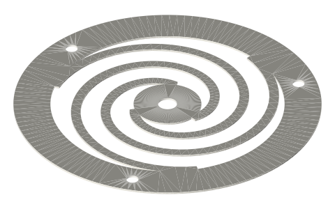 Planar spiral flexure bearing leaves: Ø40 to Ø120, 3-arm and 2-arm, 0.5 and 2 mm, isometric render of a generated part