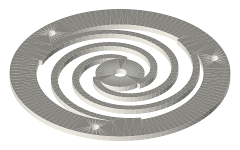 Planar spiral flexure bearings (Sunpower / NASA free-piston style): Ø40–120, DXF + STEP, isometric render of a generated part