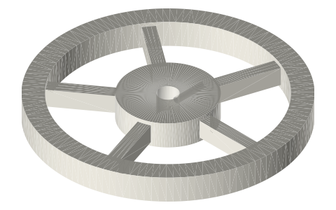 Spoked flywheels Ø50 to Ø150 × 10, isometric render of a generated part