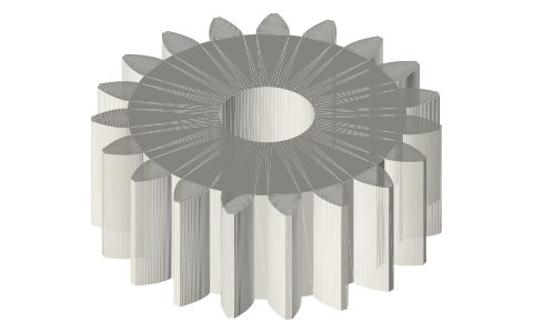 Spur gear, module 1, 19 T, profile shift +0.54, Ø6 bore (meshes a 30 T at 25 mm), isometric render of a generated part