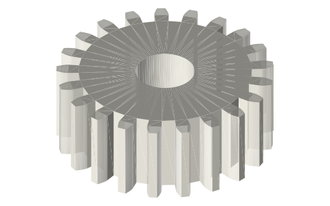 Spur gear, module 1, 21 T, profile shift -0.46, Ø6 bore (meshes a 30 T at 25 mm), isometric render of a generated part