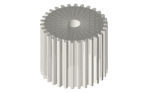 Spur gear, module 1, 30 T, 26 mm face (thick idler), Ø6 bore, tips at Ø31.5, isometric render of a generated part