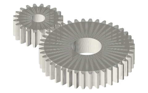 Spur gear pair, module 1, 20 : 40 teeth (2 : 1), isometric render of a generated part