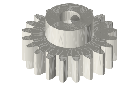 Spur gears, involute 20°: module 0.5, 1 and 2, 12–60 teeth, isometric render of a generated part
