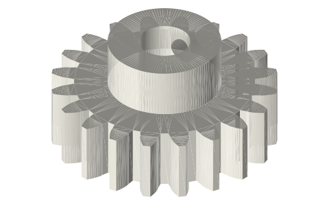 Spur gears, involute 20°: module 0.5, 1 and 2, 12–60 teeth, isometric render of a generated part
