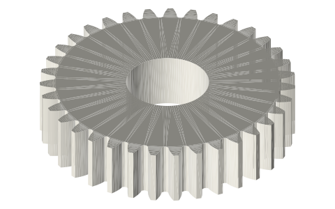 Spur gears, module 0.5: 10 to 80 teeth (20° involute), isometric render of a generated part