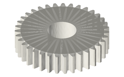 Spur gears, module 1.5: 10 to 80 teeth (20° involute), isometric render of a generated part