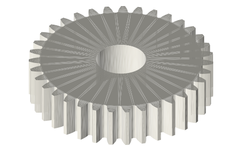 Spur gears, module 2.5: 10 to 80 teeth (20° involute), isometric render of a generated part