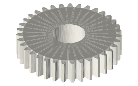 Spur gears, module 2: 10 to 80 teeth (20° involute), isometric render of a generated part