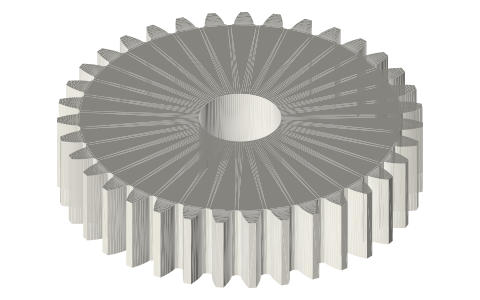 Spur gears, module 3: 10 to 80 teeth (20° involute), isometric render of a generated part