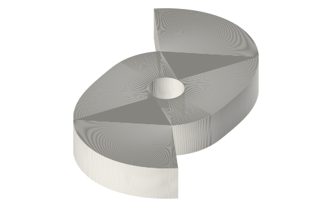Two-lobe stamp cam R14 → R30, 8 thick, Ø8 bore, isometric render of a generated part