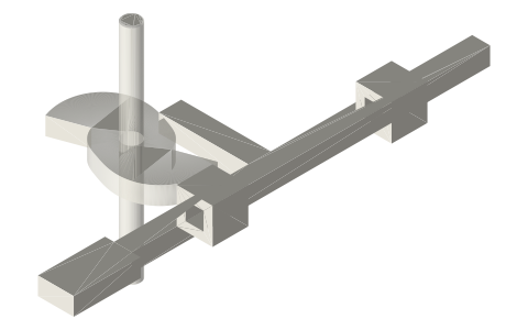 Cams lifting a stamp that drops by its own weight, isometric render of a generated part