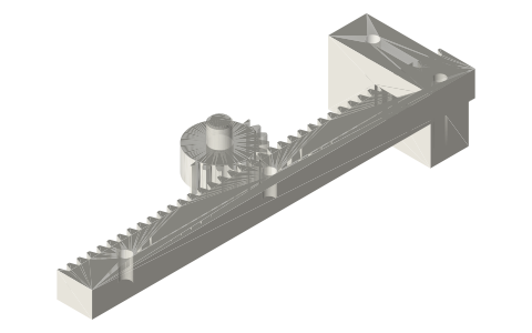 Stamp lifter: half-toothed pinion raising a rack and letting it fall, isometric render of a generated part