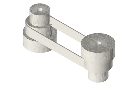 Stepped cone pulleys (three speeds by moving the belt), isometric render of a generated part