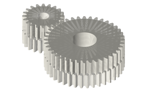 Stepped (staggered) spur gearing, 20 : 40, two steps, isometric render of a generated part