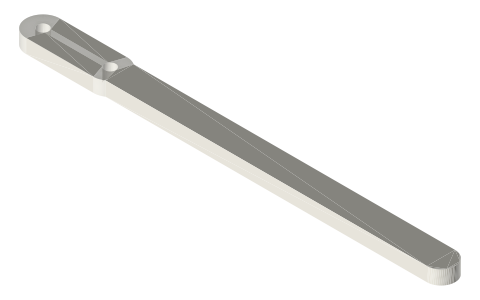 Strap-brake lever: fulcrum and strap pins Ø4 24 mm apart, handle to 142 mm, isometric render of a generated part