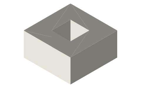 Follower guide 20 × 20 × 10 with an 8 × 8 square hole, isometric render of a generated part