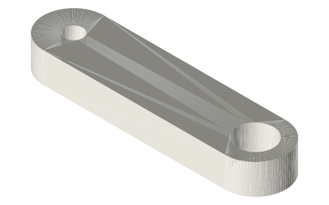 Swing arm / link 30 mm, Ø3 hole one end, Ø6 the other, isometric render of a generated part