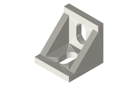 L corner brackets for 20, 30, 40, 45 mm and 1 in, 1.5 in T-slot extrusion, isometric render of a generated part