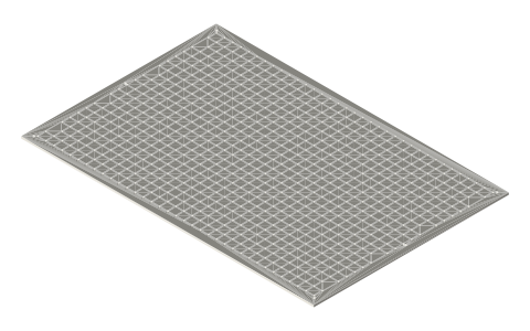 Pegboard panels for 15-series frames: 24 × 20 to 48 × 24 in, ¼ in holes on a 1 in grid, isometric render of a generated part