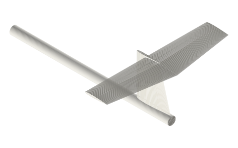 T-tail (stabiliser on top of the fin), isometric render of a generated part