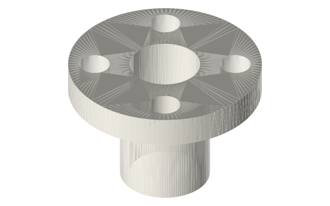 T8 flange nut: Ø10.2 body, Ø22 flange, 4 × Ø3.5 on 16, isometric render of a generated part