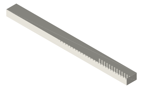 Tackle beam 240 × 20 × 12 with Ø3 sockets every 5 mm, isometric render of a generated part