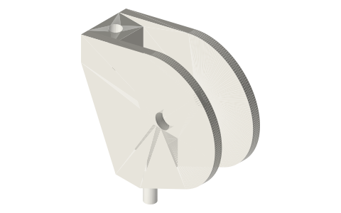 Load block for a pitch-Ø20 sheave with a side rope socket and a weight stem, isometric render of a generated part