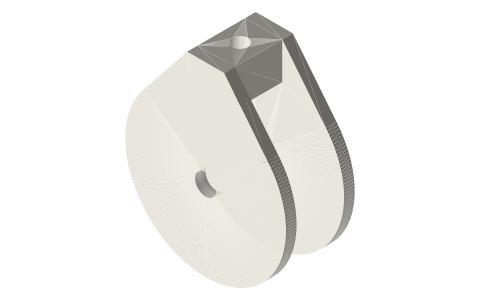 Single runner block for a pitch-Ø20 sheave, rope socket on top, isometric render of a generated part