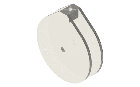 Single runner block for a pitch-Ø40 sheave, rope socket on top, isometric render of a generated part