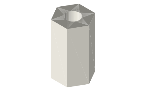 Threaded standoffs, M2.5 and M3 (hex and round), isometric render of a generated part