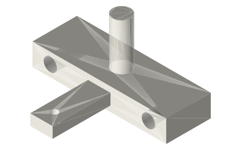 Tightener slide 60 × 20 × 10 with Ø8 stub axle, two Ø6 rod bores and a pin tab, isometric render of a generated part