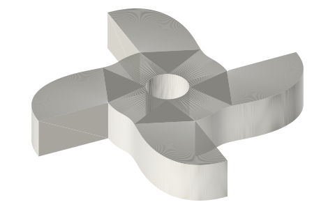 Four-lobe lifting cam R12 → R26, 8 thick, Ø8 bore, isometric render of a generated part