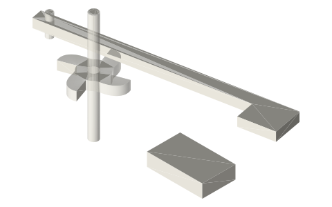 Tilt hammer lifted four times per turn by a cam, isometric render of a generated part
