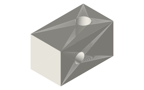 Traverser block 16 × 28 × 16: Ø5 pin hole (radial) and Ø6 guide-rod bore, isometric render of a generated part